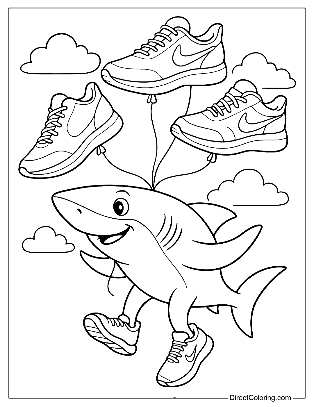 Tralalero Tralala Coloring Page floating with a bunch of balloons shaped like sneakers